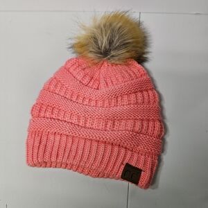 C.C Coral Knit Beanie with Faux Fur Pom-Pom